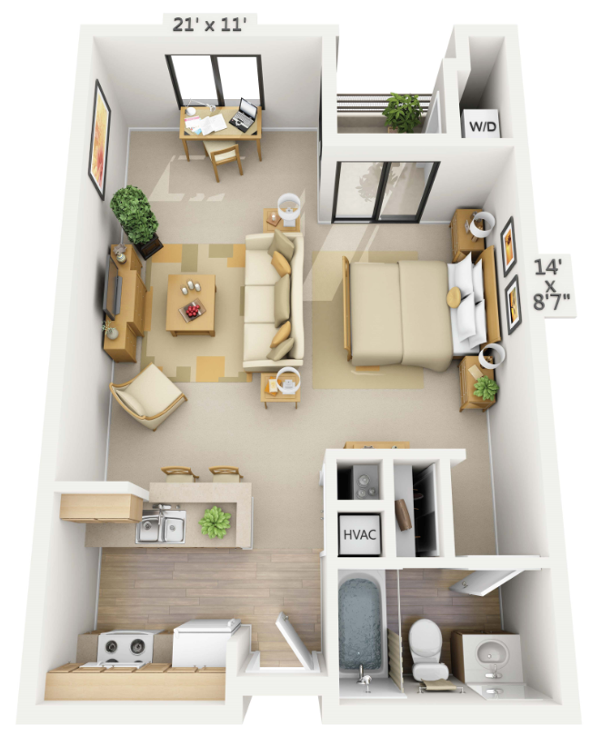 Floor plan for studio, 1 bath, 610 sqft